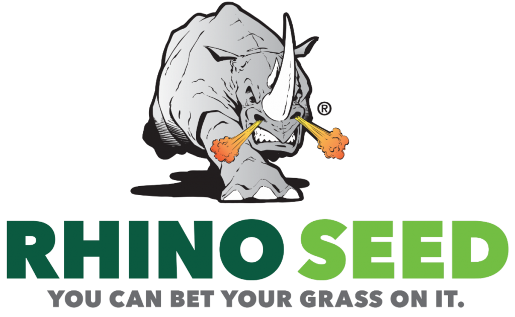 Gray rhino with orange steam coming out of nose above text that reads "Rhino Seed. You can bet your grass on it."